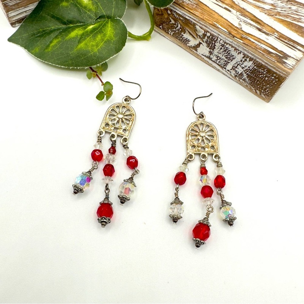 Vintage Aurora Borealis Art Deco Crystal Chandelier Earrings